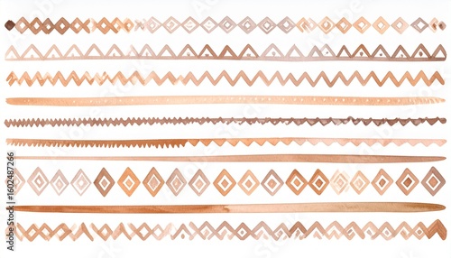 Hand-drawn watercolor collection of ethnic geometric borders. A set of tribal and bohemian style patterns in earthy tones.