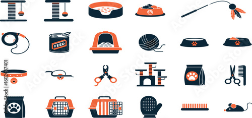  Cat Care Vector Icon Set Adjustable Line Weight Grooming, feeding bowl, pet accessories, litter box, cat toys, collar, scratching post
