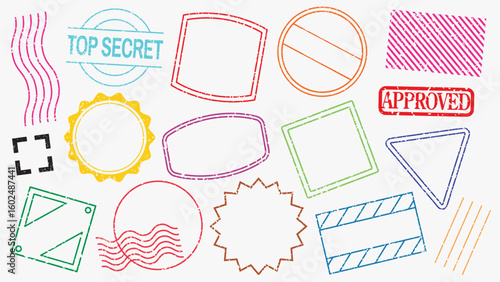 Stamp collection with various shapes: circles, squares, triangles. Vibrant stamp designs for creative projects. Colorful stamps, element vector set