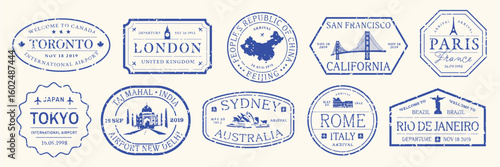 Stamp collection with various shapes: circles, squares, triangles. Vibrant stamp designs for creative projects. Colorful stamps, element vector set