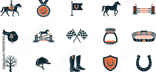 Equestrian Sport Vector Icon Set Adjustable Line Weight Horse, rider, saddle, trophy, boots, helmet, fence, stirrup, medal, stable