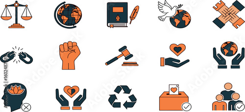 Ethics And Justice Vector Icon Set Adjustable Line Weight Equality, human rights, law, peace, freedom, democracy, voting, sustainability, diversity, solidarity
