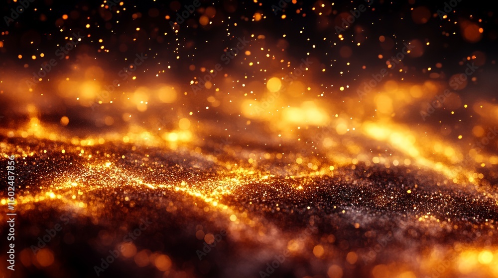 Naklejka premium Fiery gold particles cascading over dark surface; abstract background; for digital design, gaming, or film