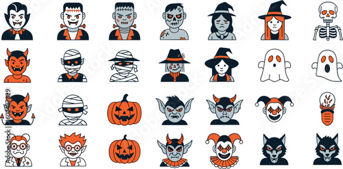 Halloween Characters Vector Icon Set Adjustable Line Weight Vampire, zombie, mummy, witch, ghost, skeleton, monster, clown, pumpkin, alien, werewolf