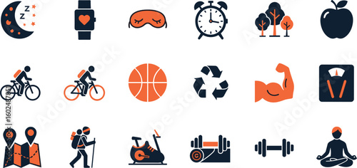 Healthy Lifestyle Vector Icon Set Adjustable Line Weight Fitness, nutrition, exercise, wellness, sleep, yoga, meditation, heart rate, gym, hiking, cycling