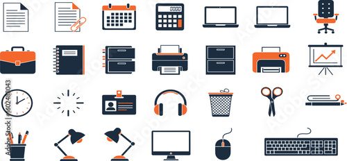 Office Vector Icon Set Adjustable Line Weight Desk, calendar, chart, calculator, printer, headset, computer, keyboard, scissors, lamp, ID badge, waste bin, mouse, desk chair