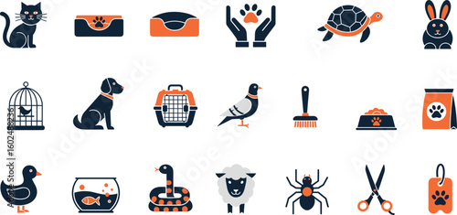 Pets Vector Icon Set Adjustable Line Weight Cat, dog, rabbit, turtle, bird, grooming, pet food, animal care, cage, fish tank