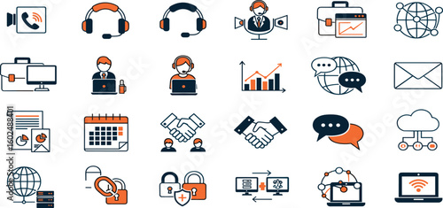 Remote Work Vector Icon Set Adjustable Line Weight Telecommuting, webinar, virtual meeting, online collaboration, networking, productivity, video conference, cloud storage
