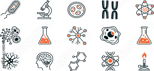 Science and Biology Vector Icon Set – Bacteria, Virus, DNA, Molecules, Microscope, Test Tube, Neuron, Cells, Flask, Beaker, Germs, Atom