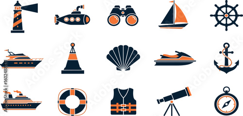 Sea Adventure Vector Icon Set Adjustable Line Weight Boat, anchor, lighthouse, diving, submarine, sailing, compass, marine, flippers, cruise, ocean