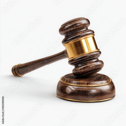 A close up shot of a wooden gavel with gold accents on a white background in a studio setting