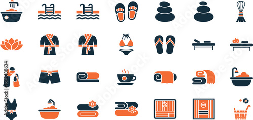 Spa Vector Icon Set Adjustable Line Weight Wellness, sauna, massage, hot tub, aromatherapy, steam, towel, robe, relaxation, flip flops, beauty