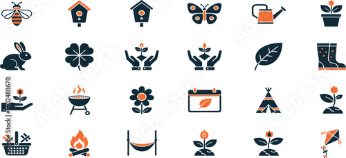 Spring Season Vector Icon Set Adjustable Line Weight Flower, plant, gardening, nature, picnic, bee, butterfly, bunny, leaf, clover, growth, camp
