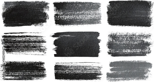 Black oil grungy brush strokes painting, isolated object, smudge or stain design element, Black brush stroke texture with paint splatters isolated on white or transparent background