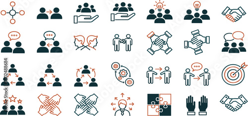 Teamwork Vector Icon Set Adjustable Line Weight Collaboration, support, communication, unity, connection, brainstorming, handshake, discussion, partnership, leadership, trust
