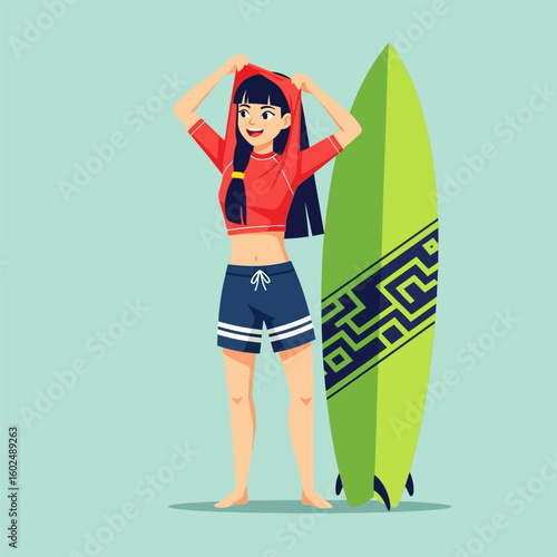 Smiling Woman in Red Shirt Beside Surfboard on Blue Background