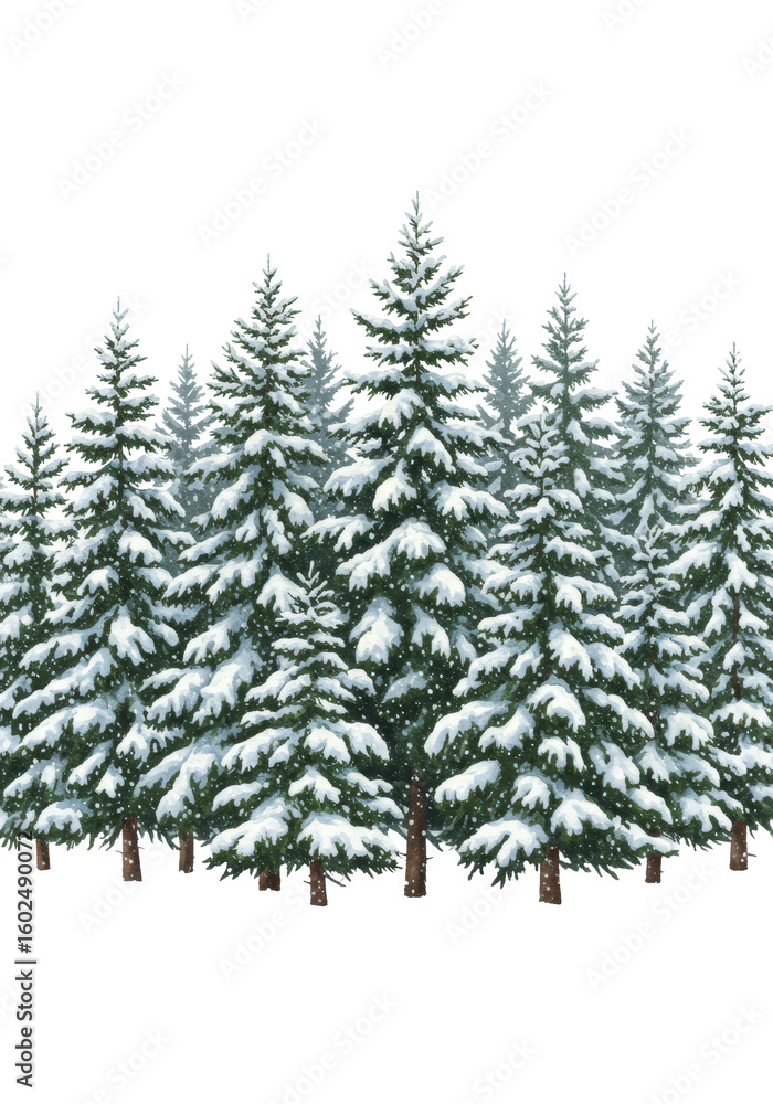 Obraz premium Dense fir tree forest with dark green needles and conical shapes, branches laden with fresh white snow, and gently falling snow, against a clean transparent background with copy space. Tranquil winter