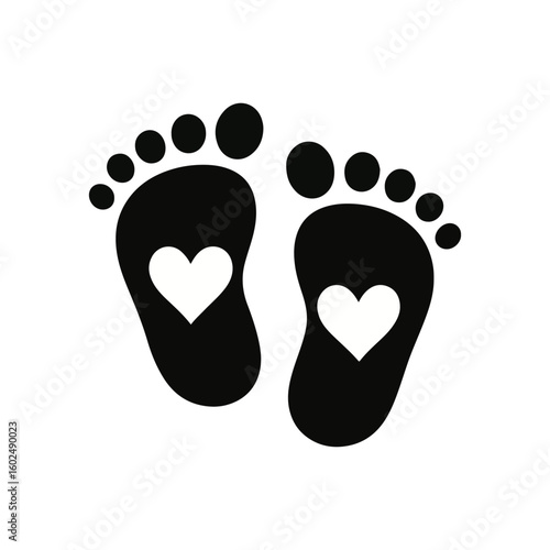Baby footprint icon with hearts on white background. Vector illustration. 