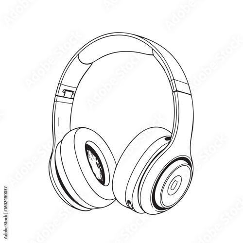 Black and white line drawing of over ear headphones audio sound