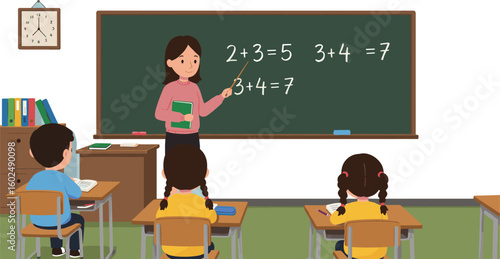 Teacher Explaining Math Addition on Classroom Blackboard, Students Learning with Books, Desks, Educational Environment, Cad Drawing Flat Vector Illustration
