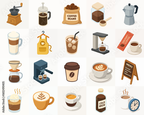 Isometric Handdrawn Coffee Shop Items and Equipment Detailed Illustration