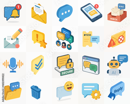 Isometric Digital Communication Message Icon Set For User Interface Design