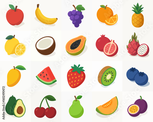 Isometric Detailed Fresh Fruit Food Collection Healthy Delicious Illustration
