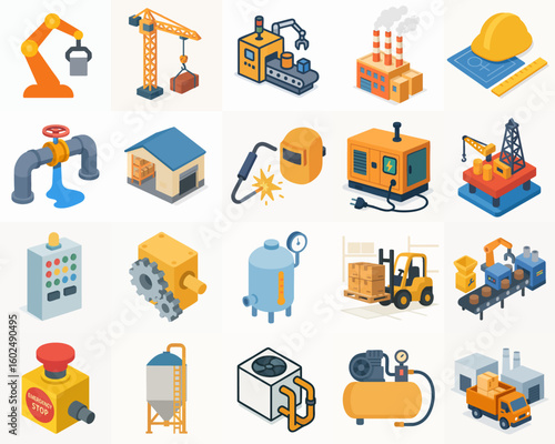 Isometric Detailed Construction Factory Industry Machines Element Icon Set