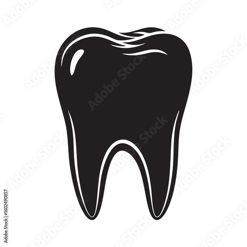 Black molar tooth with white highlights and roots dental