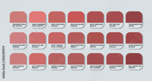 Peo Red Color Guide Palette with Color Names. Catalog Samples Peo Red with RGB HEX codes and Names. mud Colors Palette Vector, Plastic dark peo red Color Palette, Fashion Trend maroon Color Palette