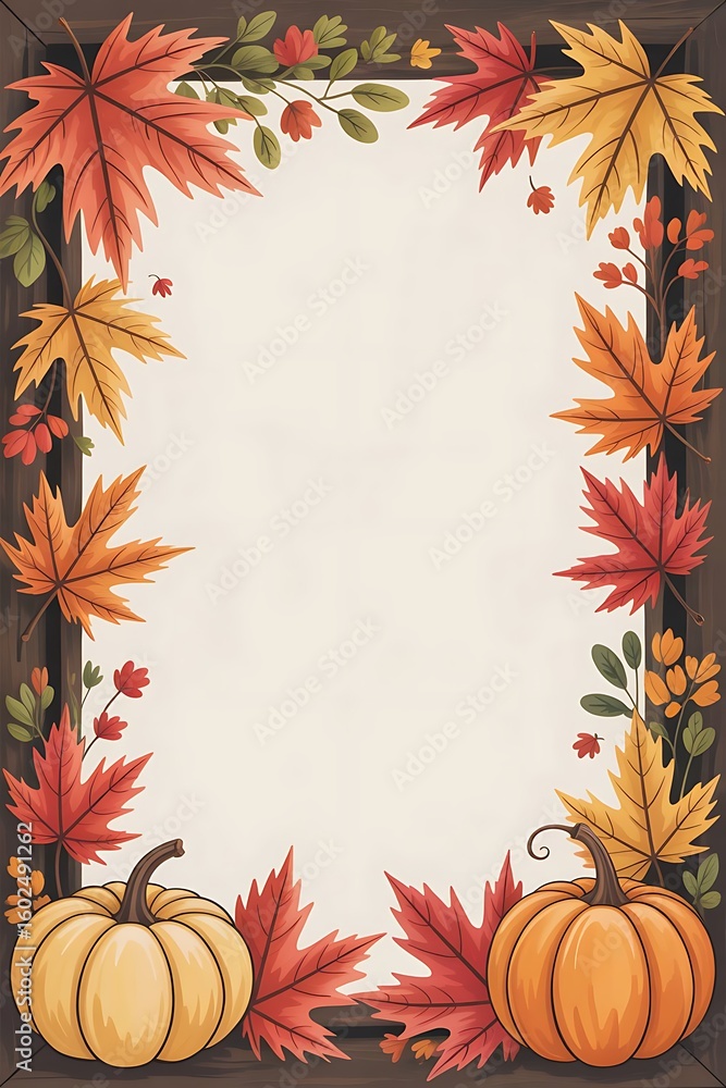 Fototapeta premium Autumnal Frame with Pumpkins and Leaves for Fall Decor