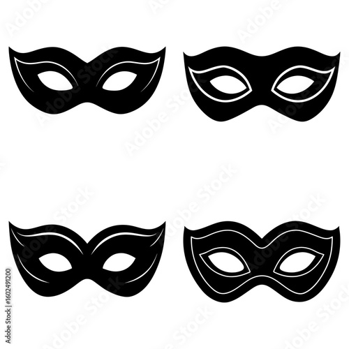 Four black masquerade masks in various styles arranged in a square formation on a white background