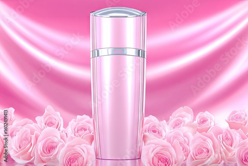 Pink cosmetic bottle, rose petals, smooth fabric
