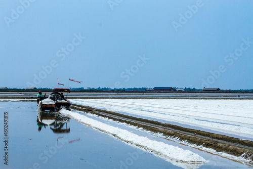 Pyramids of sea salt ready to be harvested in a salt farm at sunrise. Used as a seasoning in food, cosmetics and for food preservation.