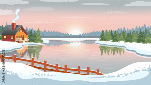 Winter landscape with cottage by frozen lake and coniferous spruce forest. Sunset or dawn with reflection on the water. Snow-covered hills, smoke from the chimney. Used for holidays and web design