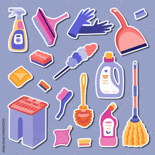 Lovely cartoon sticker set with washing tools for cleansing home in trendy vivid colors for planners, notebooks. Ready for print list of cute stickers of funny chores devices clipart.