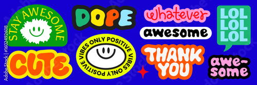 Colorful stickers with positive vibes, smiley faces, and motivational words Fun and cheerful, these stickers spread positivity and happiness Stay awesome, be kind! Funky stickers, vector set