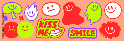 Colorful stickers with positive vibes, smiley faces, and motivational words Fun and cheerful, these stickers spread positivity and happiness Stay awesome, be kind! Funky stickers, vector set