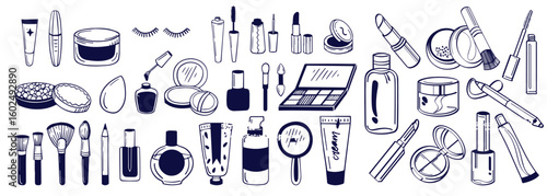 Makeup doodle icons. Make up beauty cosmetic products for girls, hand drawn fashion mascara brush perfume lipstick cream. Vector decorative beauty makeup set