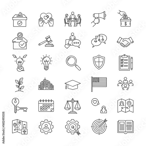 A collection of diverse business, finance, and social icons, including voting, teamwork, and agreement, ideal for illustration and design elements.