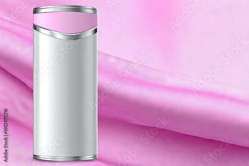 Elegant light gray cylindrical product container, accented with a pink band and silver trim, set against a backdrop of flowing pink fabric