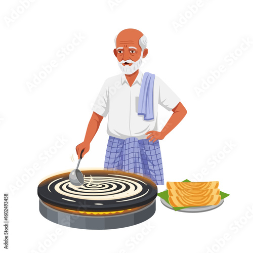 Elderly Man Cooking Indian Crepe on Round Griddle Pan