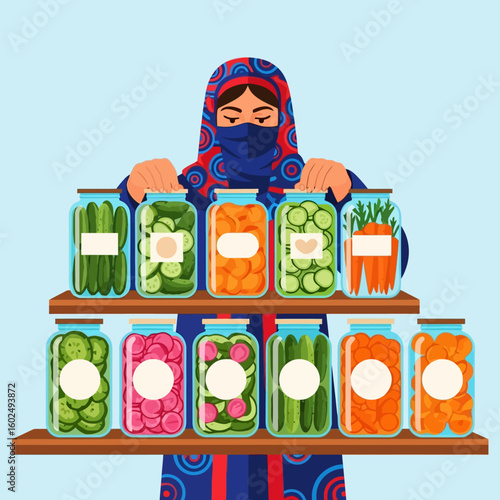 Woman with Pickled Vegetables in Jars on Wooden Shelf