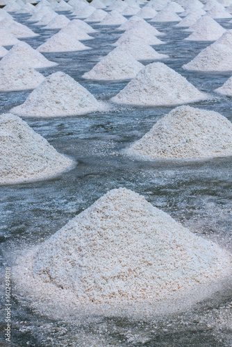 Pyramids of sea salt ready to be harvested in a salt farm at sunrise. Used as a seasoning in food, cosmetics and for food preservation.