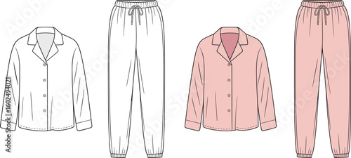Women’s pajama set flat sketch, long sleeve top and drawstring pants, cozy sleepwear fashion design template, front view illustration