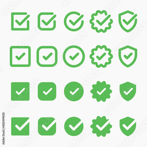 Set of check mark icons in various styles. Includes check marks in boxes, circles, and shields. Black check marks on transparent background. Vector element set.