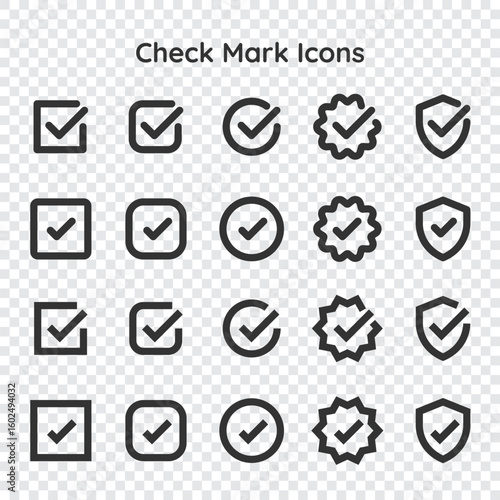 Set of check mark icons in various styles. Includes check marks in boxes, circles, and shields. Black check marks on transparent background. Vector element set.