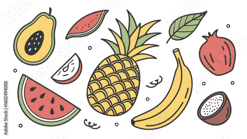 Colorful collection of tropical fruits featuring a pineapple, banana, and watermelon in a playful, hand-drawn style.