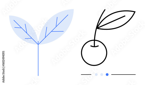 Stylized plant with two leaves and a cherry graphic paired with progress indicators. Ideal for sustainability, nature, environment, ecology, agriculture, wellness, simple landing page