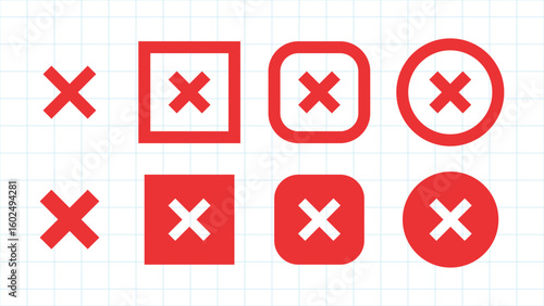 Set of red X icons in various shapes on a grid background. Includes circles, squares, and rounded squares. Red X icons are bold and clear. Vector element set.